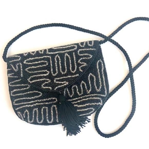 Lord & Taylor Handbags - Vintage Lord & Taylor Black & Silver Beaded Crossbody Bag with Tassel